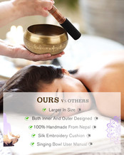 Hand holding singing bowl, OURS VS OTHERS, Larger in Size, Zen and So.