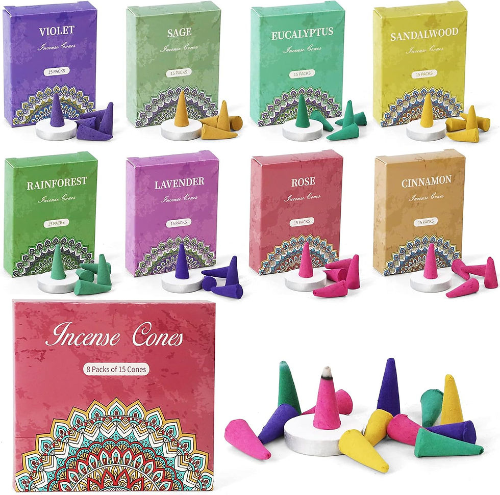 Various incense cones in boxes, with labels like: Violet, Sage, Eucalyptus, Sandalwood.