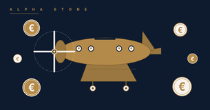 Illustration ALPHA STONE — avion-tirelire entouré de pièces euros, évoquant l'épargne pour ses enfants.