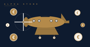Illustration ALPHA STONE — avion-tirelire entouré de pièces euros, évoquant l'épargne pour ses enfants.