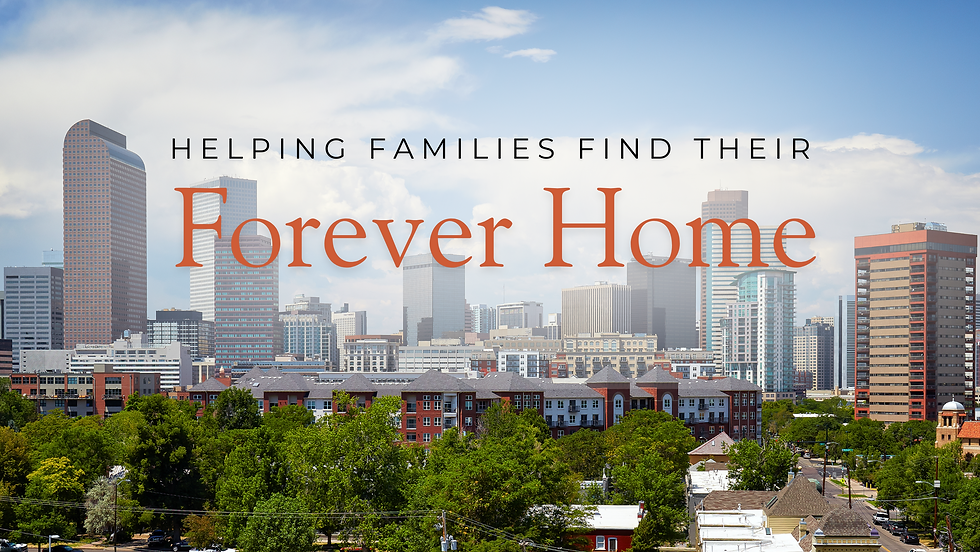 City skyline with tall buildings and tree-lined streets. Text reads "Helping Families Find Their Forever Home" in large, bold letters.