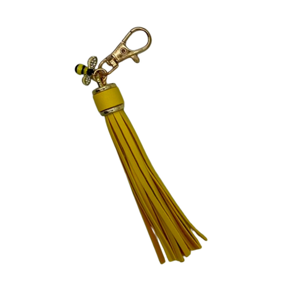 yellow tassle keyring with bee chamr
