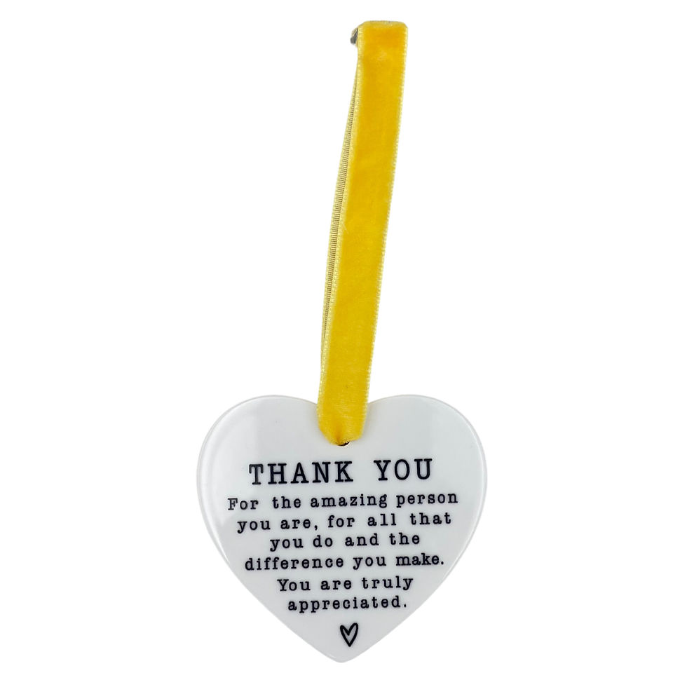 yellow ribbon and white keepsake that says "thank you for being the amazing person you are, for all that you do, and the difference you make. You are truly appreciated" 