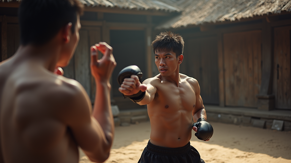 Eye-level view of a fighter demonstrating a Chi-Tu-Do technique in a training session