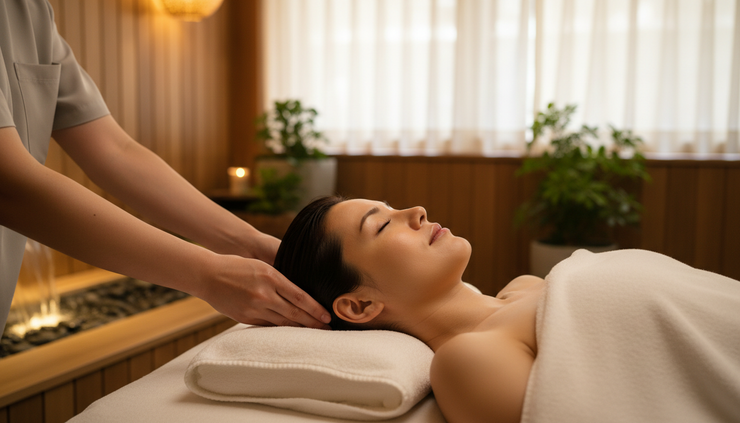 Relaxing Japanese Head Spa massage in Huntington Beach promoting scalp health, stress relief, and healthy hair growth