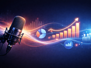 Microfone de podcast com gráficos digitais de crescimento e análise de dados, representando faturamento de rádio, marketing de áudio e estratégia digital.