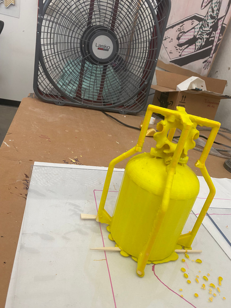 3D printed object, covered with the first few layers of cermaic shell. note the combustion chamber attached to object along with the venting and sprueing to the object being cast