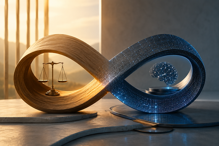 Wooden infinity loop with scales and a glowing digital brain on the right, set in a warm, modern studio.