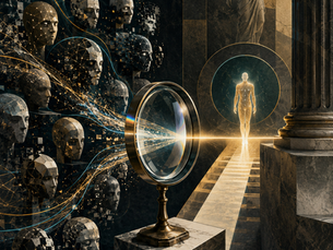 AI-generated illustration of a crowd of identical digital figures being examined through a magnifying lens, with one verified figure walking a lit path toward a statue of Lady Justice — representing law firms vetting AI consultants.