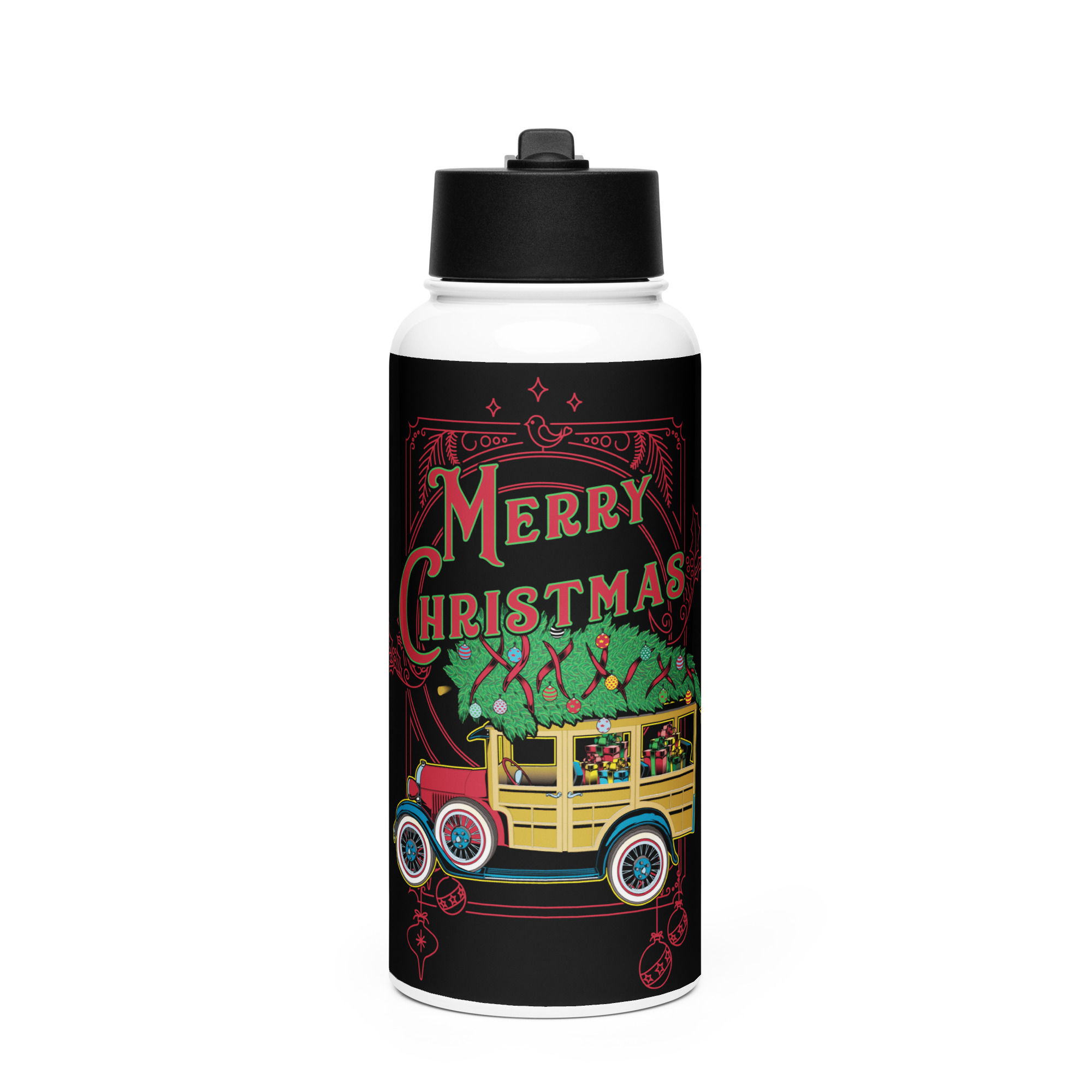 Christmas Woodie 2 Stainless steel water bottle with a straw lid
