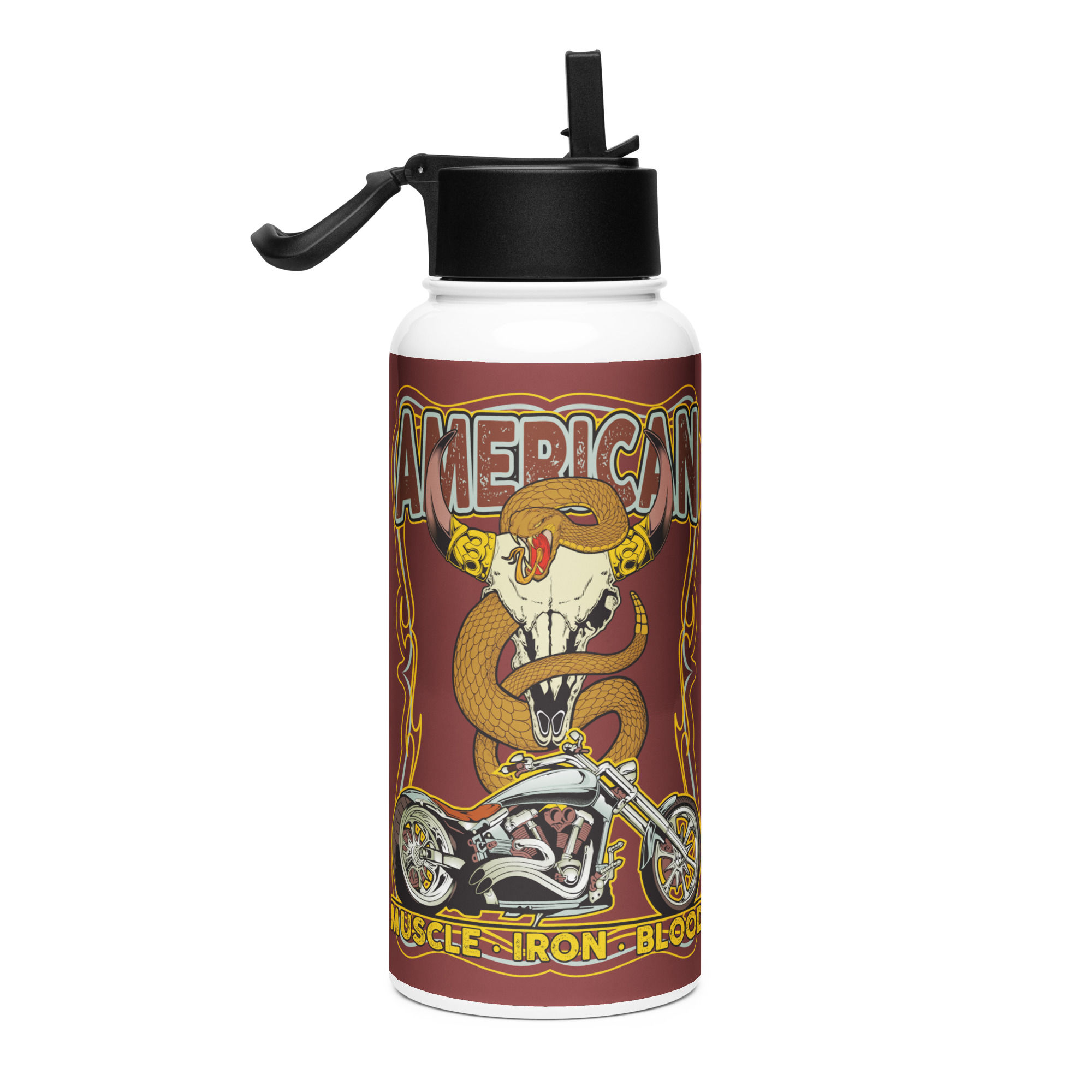 Wild West Biker water bottle with a straw lid