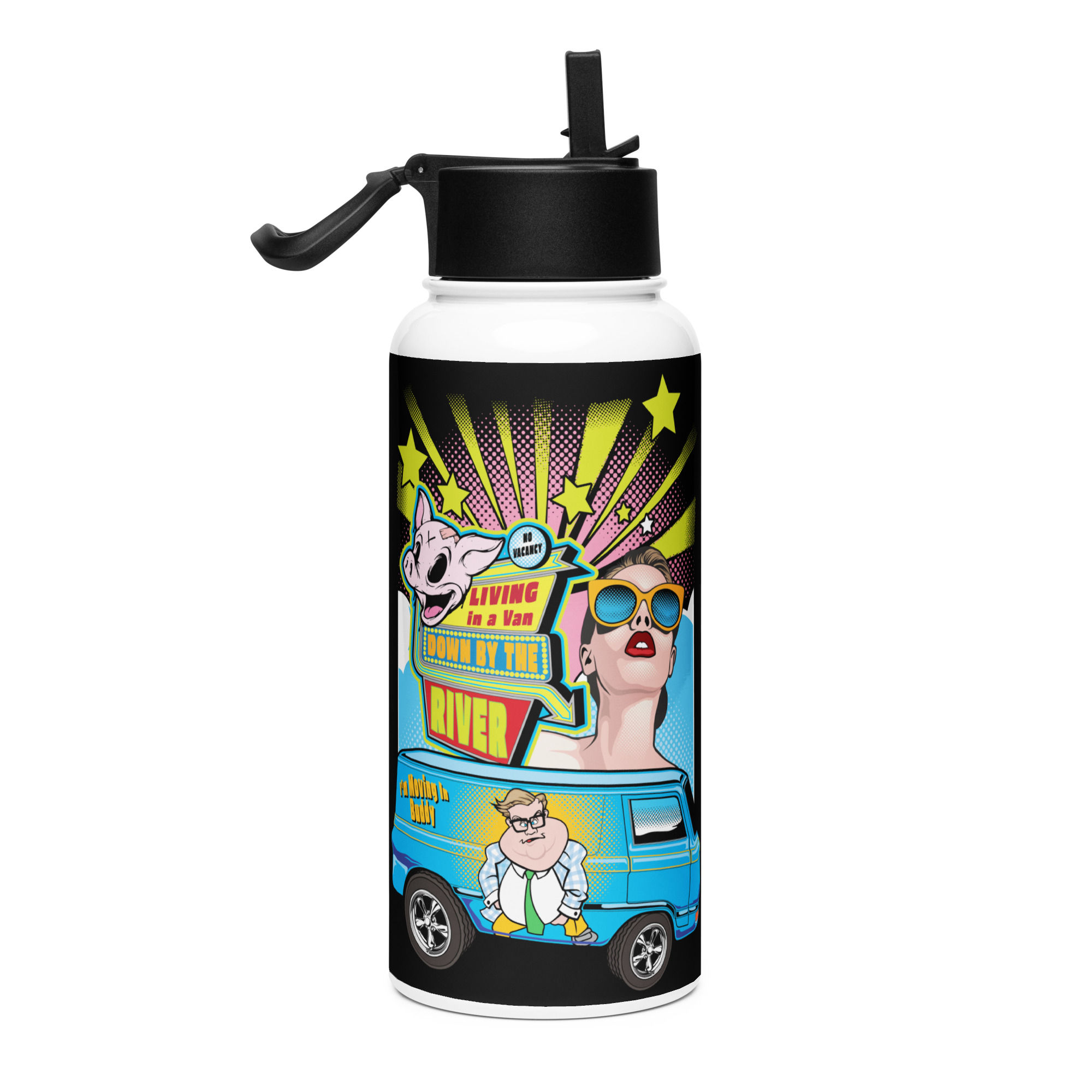 Down by the River water bottle with a straw lid