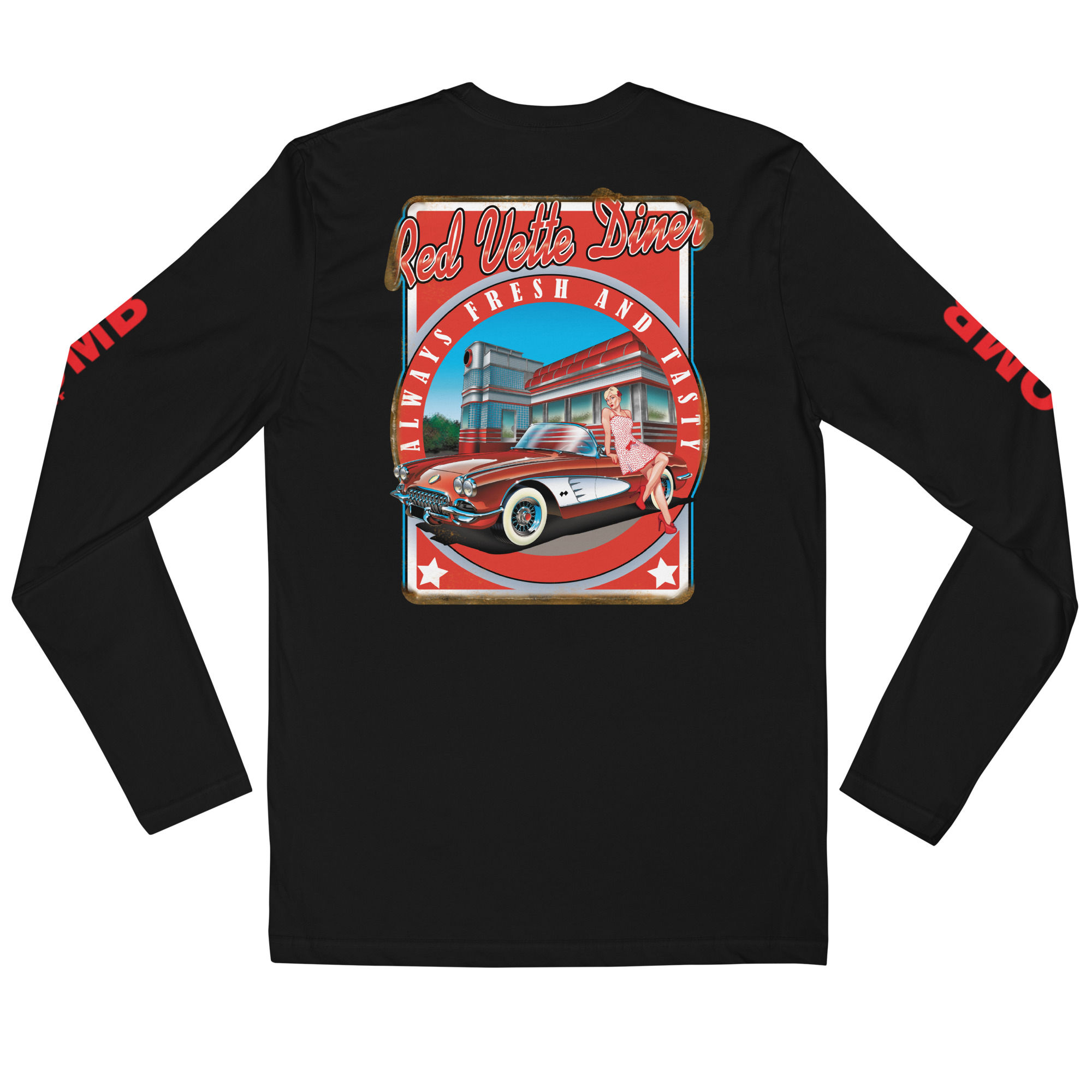 Red Vette Diner Long Sleeve Fitted Crew