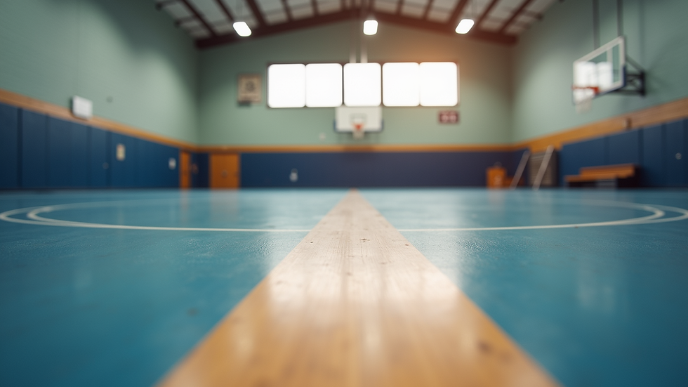 Eye-level view of a gym floor with polyurethane sports flooring