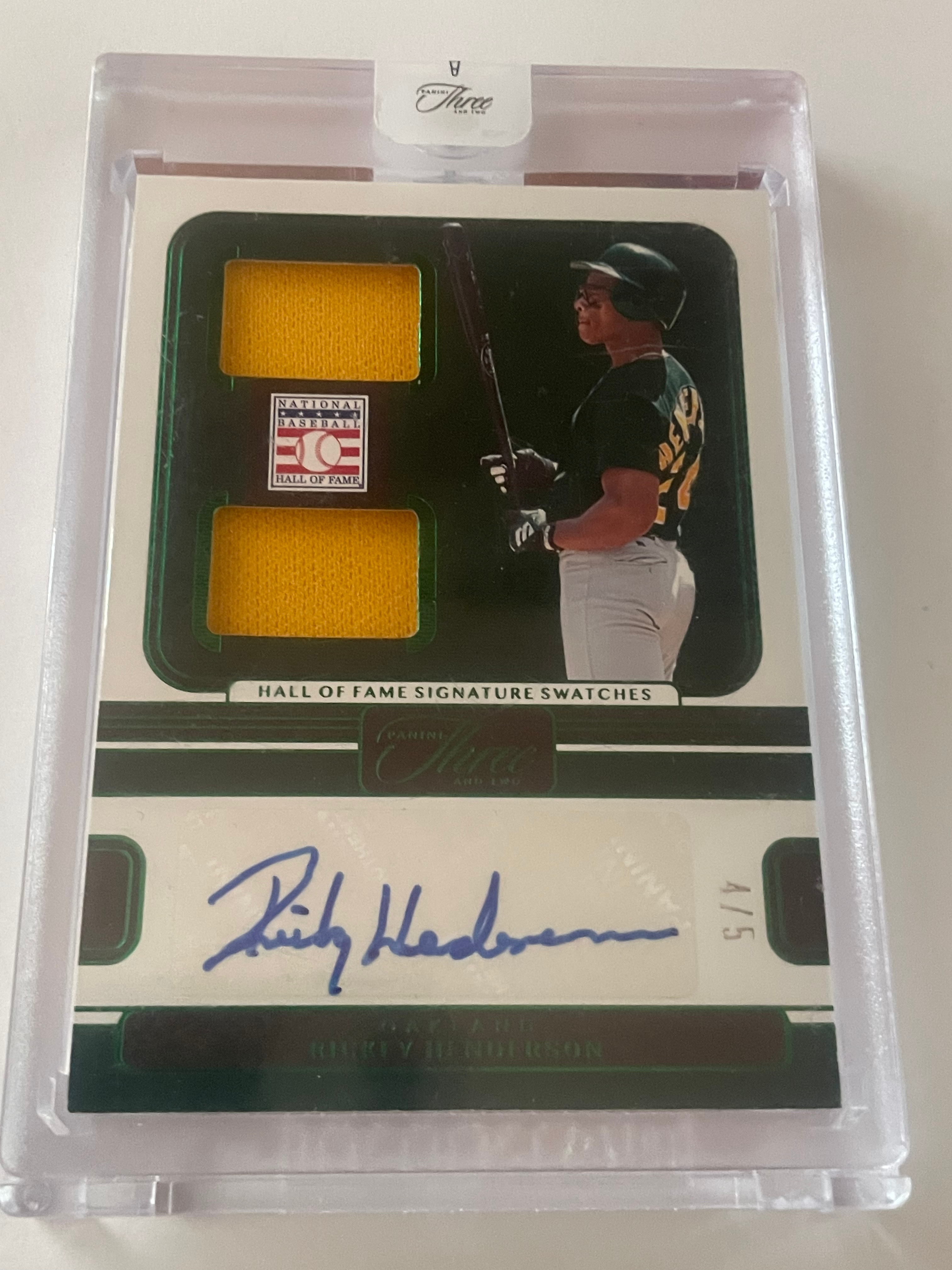 Rickey Henderson (2023 Panini Three And Two Patch Auto 4/5 #HSS-RH)