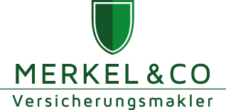 Logo von MERKEL & CO Versicherungsmakler mit grünem Schildsymbol.