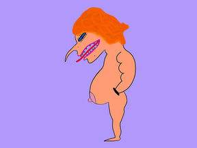 Potbellied naked man with long tongue on purple background