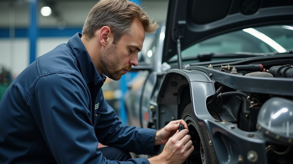 Close-up view of a technician inspecting a car frame in a repair shop