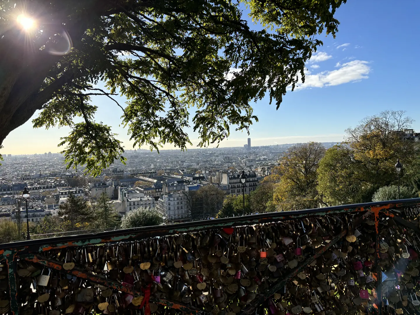 Panoramic view of Paris from Montmartre with love locks wall