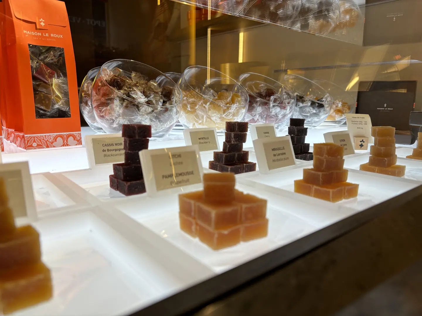 Maison Le Roux salted butter caramels and fruit jellies on display in Paris