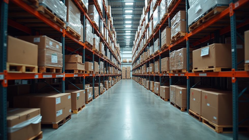 High angle view of a large warehouse with organized shelves and pallets