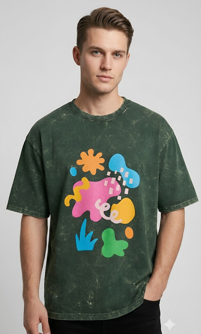 Thumbnail: Fashionable Men's Bottle Green T-Shirt Acid Wash Cotton Oversized Casual Outfit