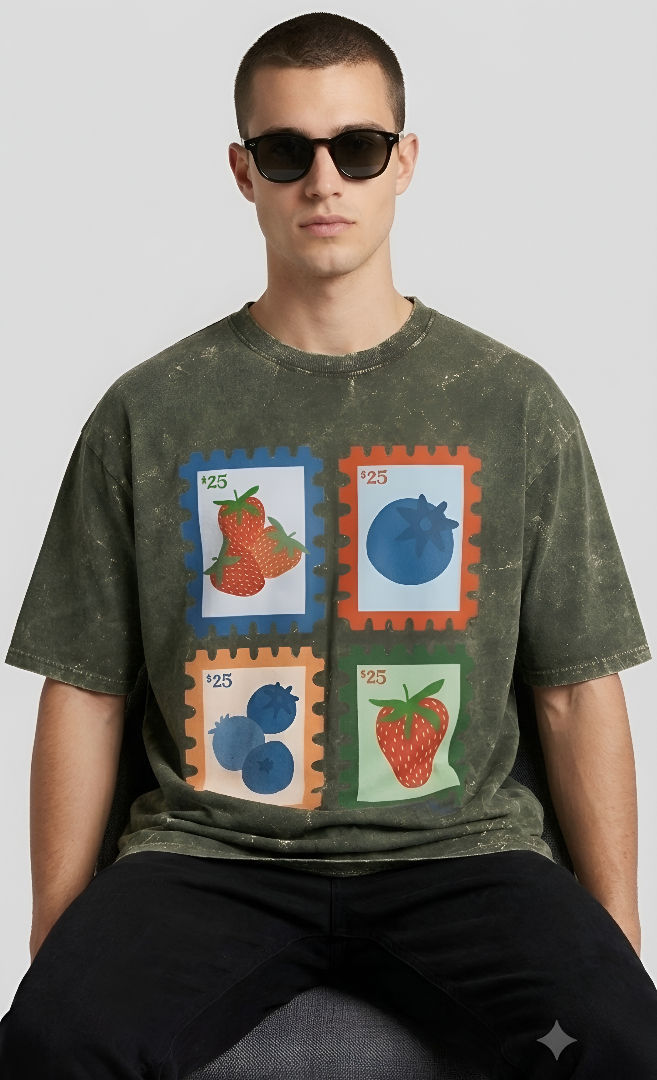 Thumbnail: Men's Olive Green T-Shirt Breathable Cotton Acid Wash Contemporary Casual Wear 