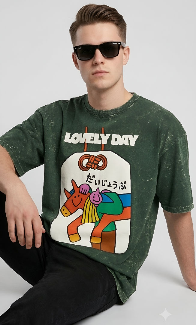 Thumbnail: Men's Bottle Green T-Shirt Premium Cotton Acid Wash Oversized Streetwear Fashion