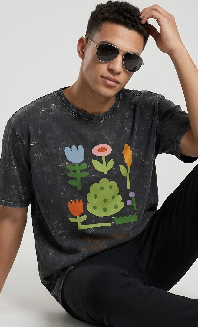 Thumbnail: Men Black T-Shirt Oversized Cotton Acid Wash Stylish Streetwear Comfortable Fit