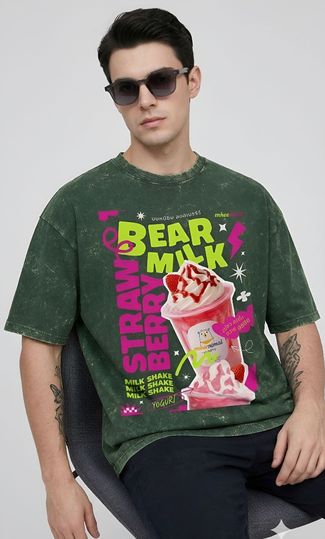 Thumbnail: Men's Bottle Green T-Shirt Unique Washed Pattern Oversized Trendy Fashion Choice