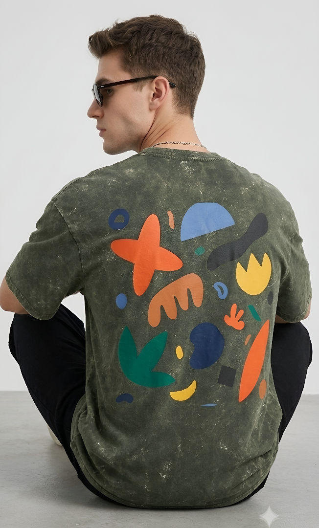 Thumbnail: Men's Olive Green T-Shirt Oversized Cotton Acid Wash Modern Street Inspired Look