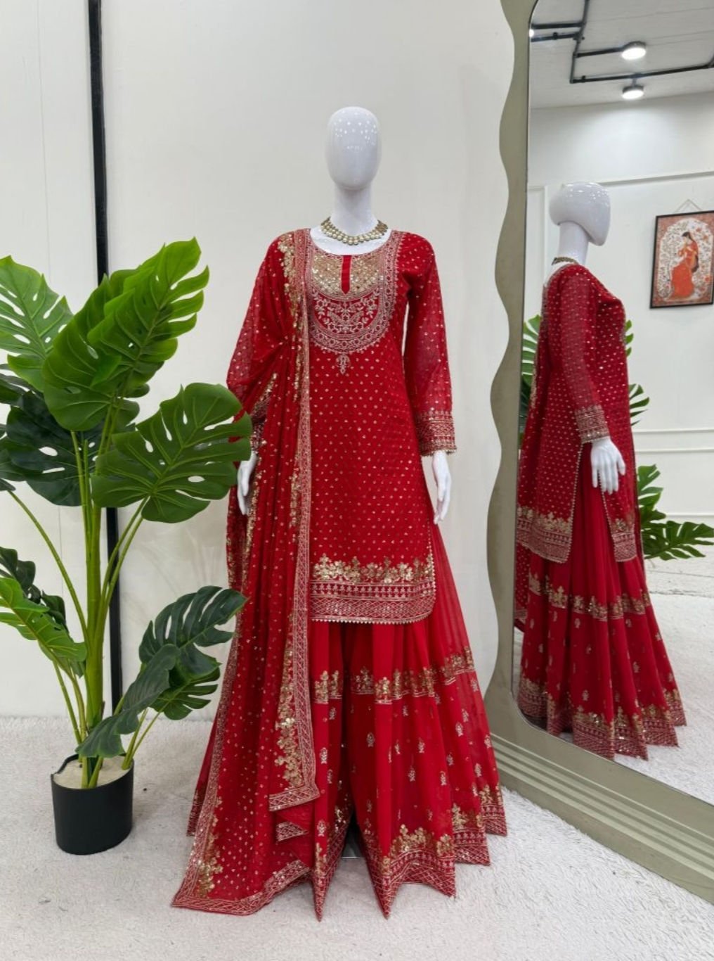 Party Wear Faux Georgette Kurta with Sharara Palazzo and Sequence Dupatta