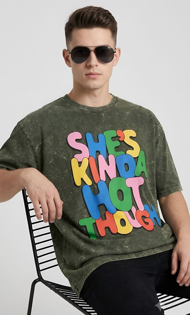 Thumbnail: Trendy Streetwear Vibe Men's Olive Green T-Shirt Unique Wash Pattern Relaxed Fit
