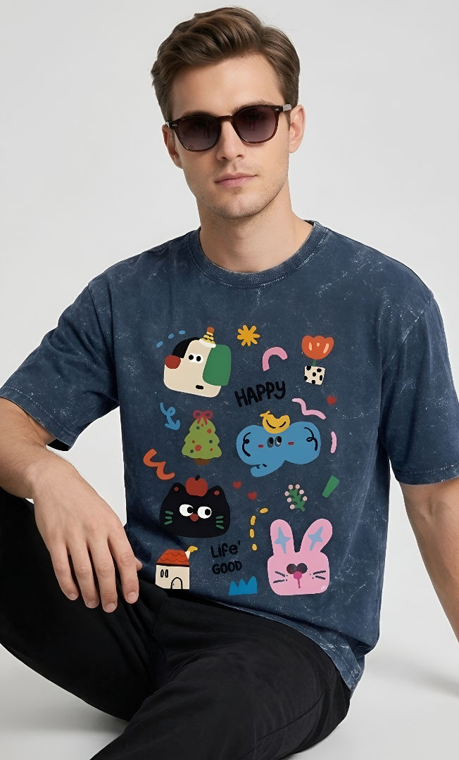 Thumbnail: Men Navy Blue T-Shirt Premium Cotton Acid Wash Oversized Streetwear Casual Style