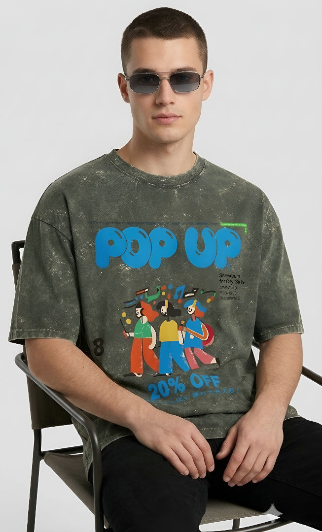 Thumbnail: Men's Olive Green T-Shirt Premium Cotton Acid Wash Oversized Streetwear Style
