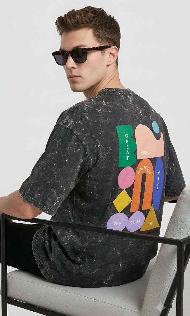 Thumbnail: Men's Black T-Shirt Premium Cotton Acid Wash Oversized Relaxed Fit Casual Style