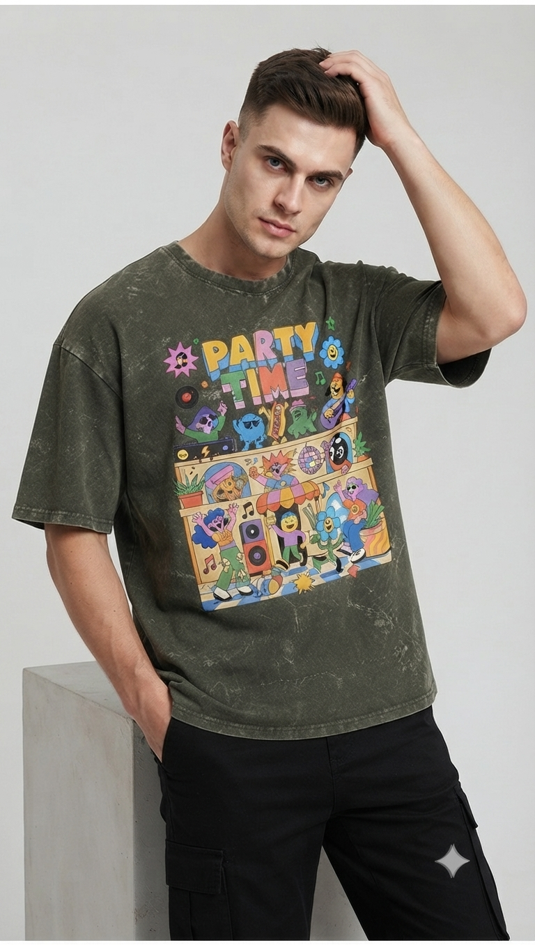 Thumbnail: Premium Men's Olive Green T-Shirt Oversized Acid Wash Cotton Streetwear Casual 