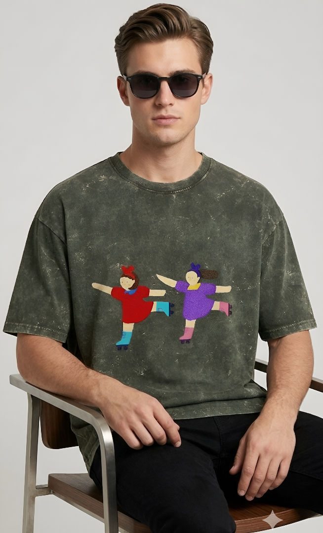 Thumbnail: Men Olive Green T-Shirt Breathable Cotton Oversized Acid Wash Trendy Casual Wear