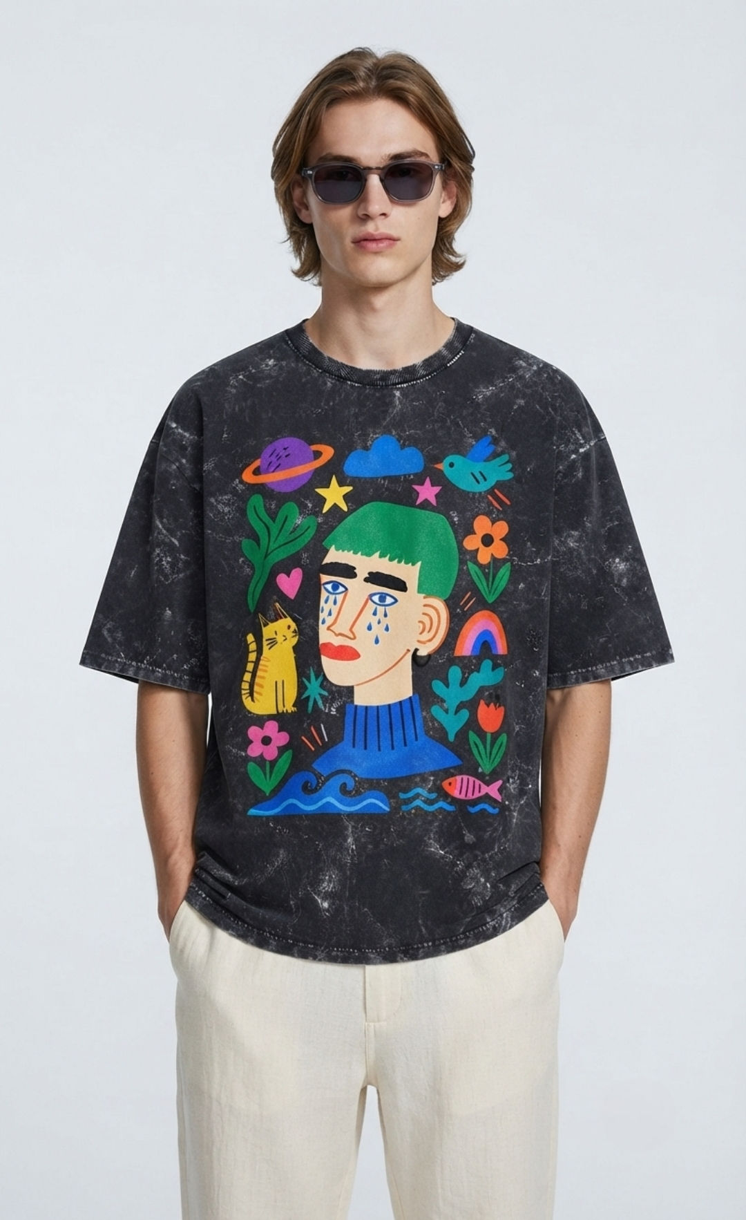 Men's T-Shirt 240 GSM Cotton Oversized Fit Acid Wash Finish Casual Weekend Wear