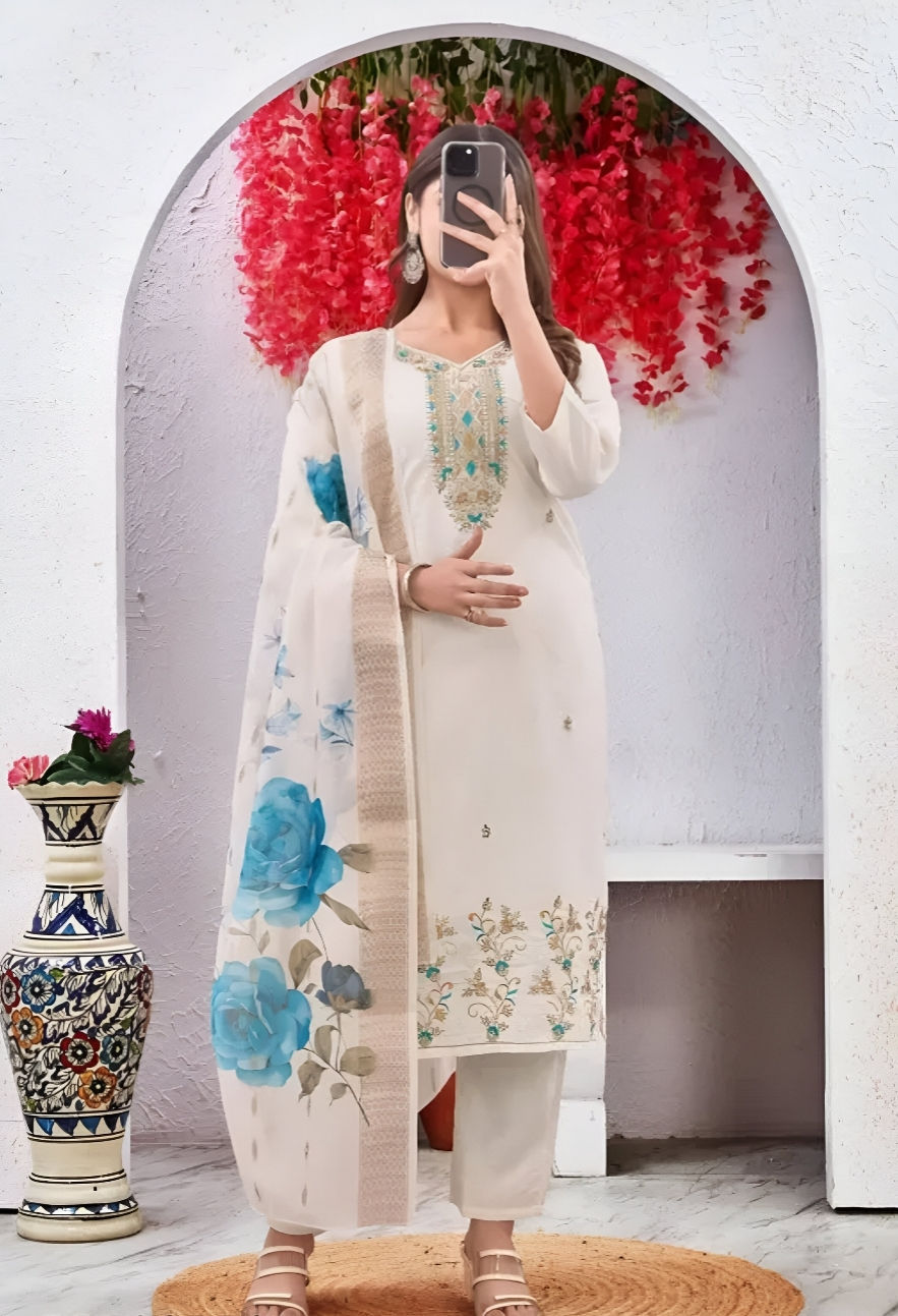 Classic Cream Floral Pattern Viscose Kurta Pant and Dupatta Ensemble for Parties