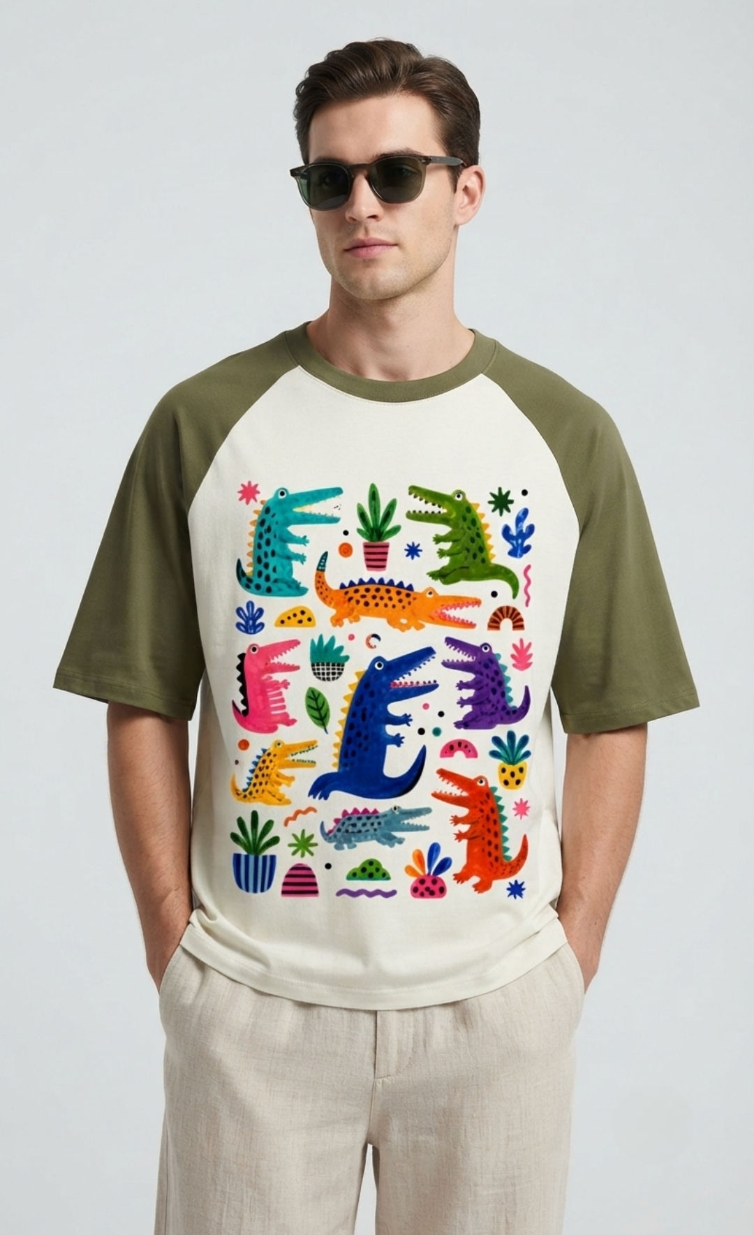 Soft Cotton Men's T-Shirt Oversized Fit Ribbed Neck Raglan Sleeves Everyday Wear