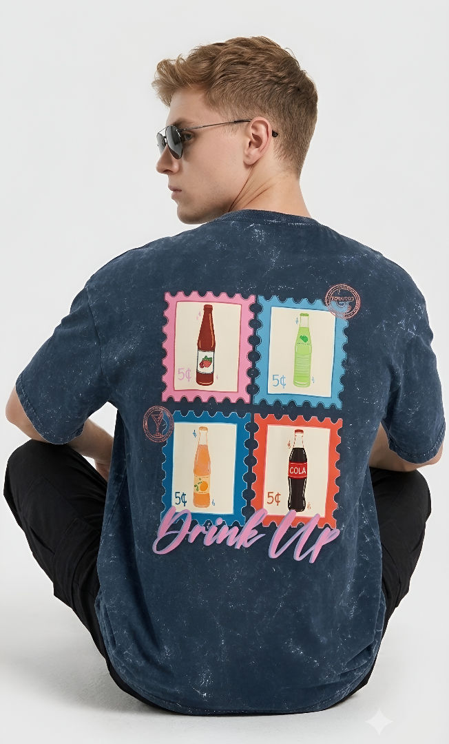 Thumbnail: Men's Navy Blue T-Shirt Premium Cotton Relaxed Oversized Acid Wash Stylish Wear 