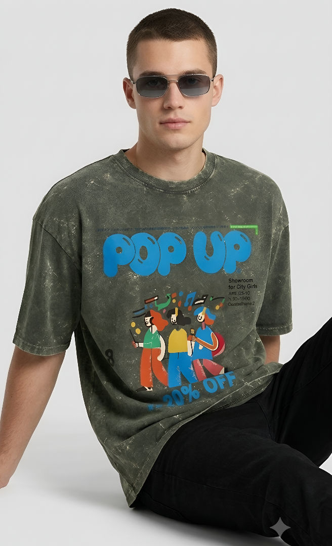 Thumbnail: Men's Olive Green T-Shirt Premium Cotton Acid Wash Oversized Streetwear Style