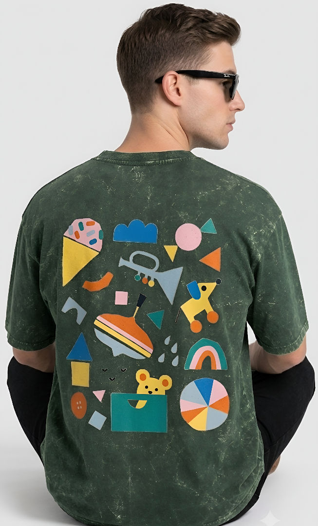 Thumbnail: Men Bottle Green T-Shirt Cotton Oversized Fit Acid Wash Trendy Streetwear Look 