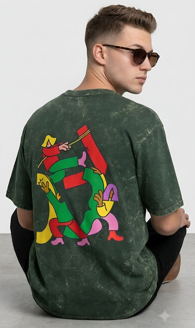 Thumbnail: Men's Bottle Green T-Shirt Premium Cotton Acid Wash Oversized Streetwear Style