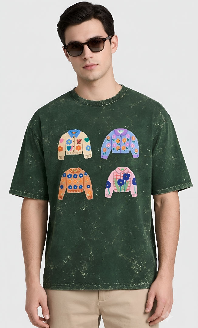Thumbnail: Men Bottle Green T-Shirt Premium Quality Cotton Acid Wash Loose Fit Stylish Look