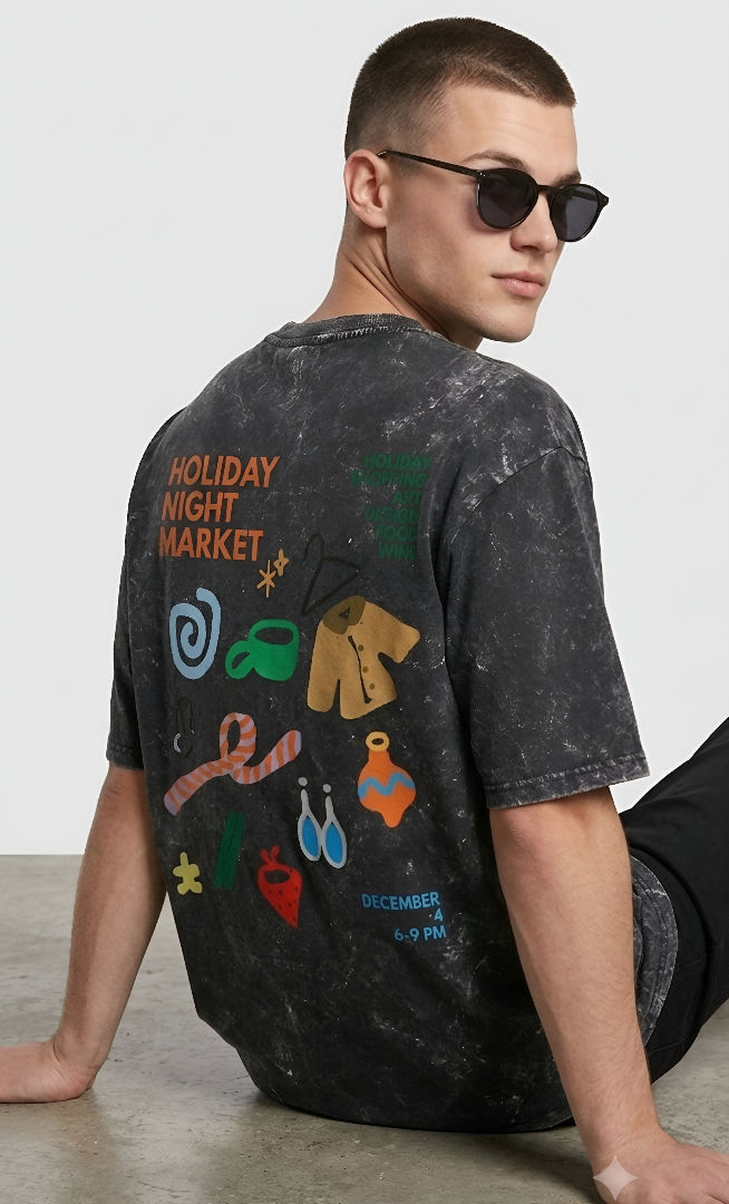 Thumbnail: Modern Oversized Men Black T-Shirt Soft Cotton Acid Wash Unique Pattern Casual 