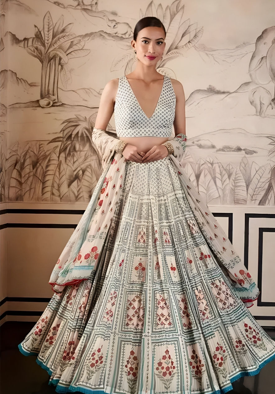 Floral Embroidered Silk Choli with Satin Lehenga and Silk Dupatta for Weddings