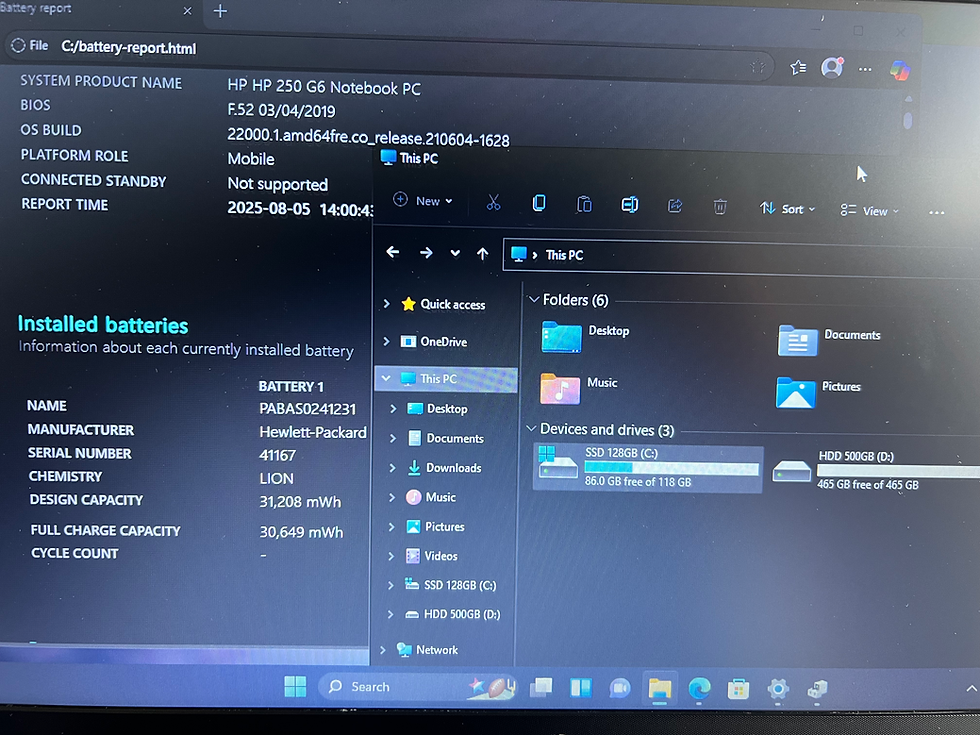 Thumbnail: HP 250 G6 15.6” HD 7th gen i3-7020U 12GB RAM 2 x Drives SSD 128GB & HDD 500GB ex