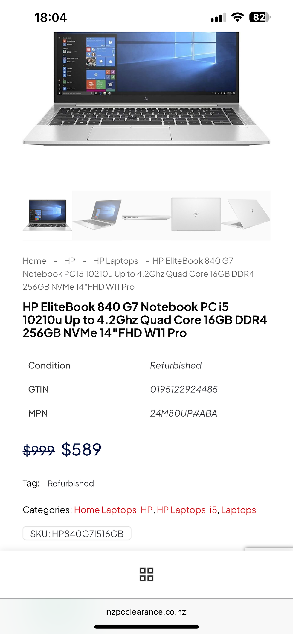 Thumbnail: HP EliteBook 840 G7 14” 10th i7-10810U Six-Core Turbo 4.9Ghz 16GB DDR4 256GB NVM